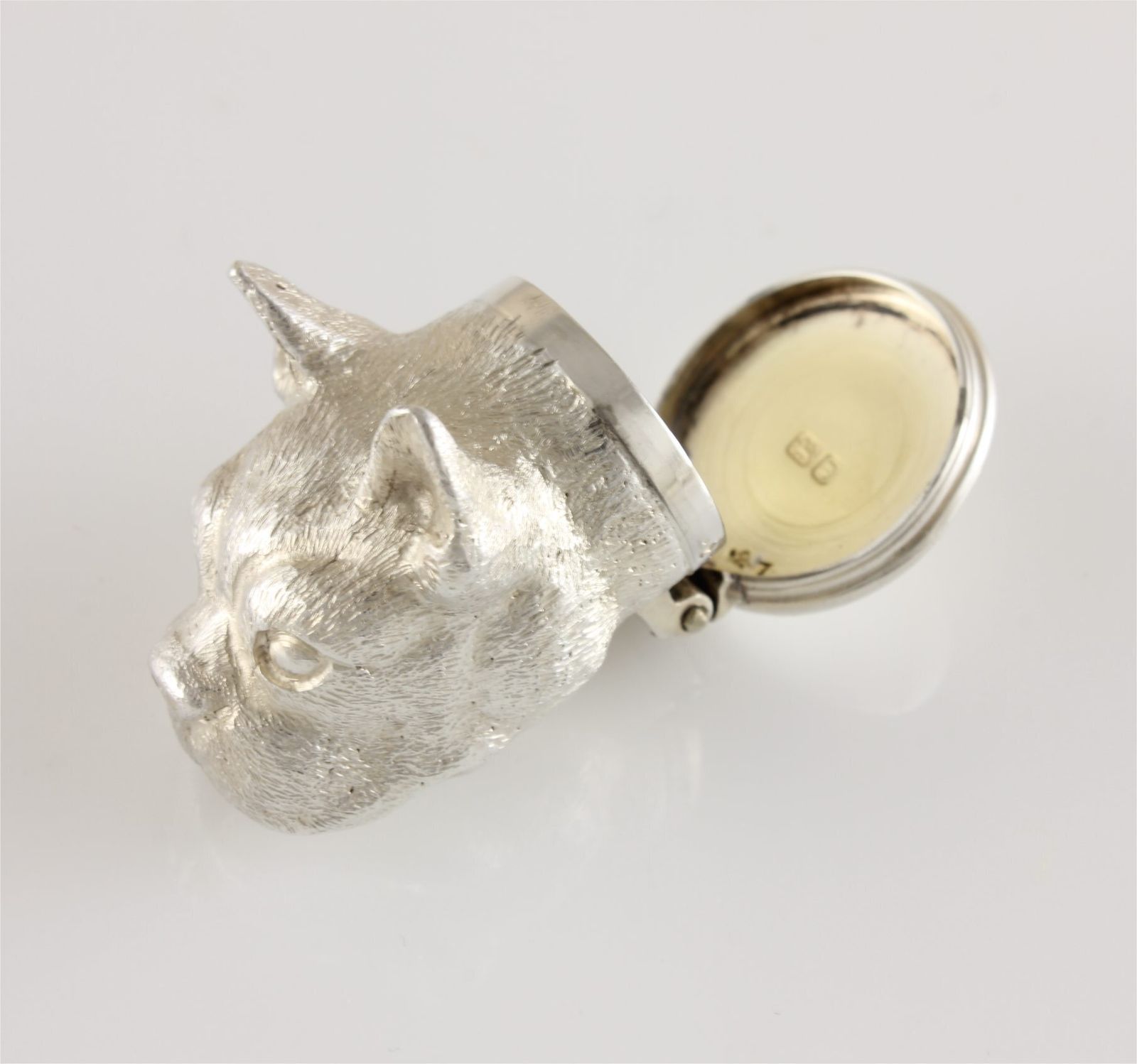 550.0 Silver French Bulldog Pill Box. Novelty Dog Snuff Box. W Comyns 1971. photo