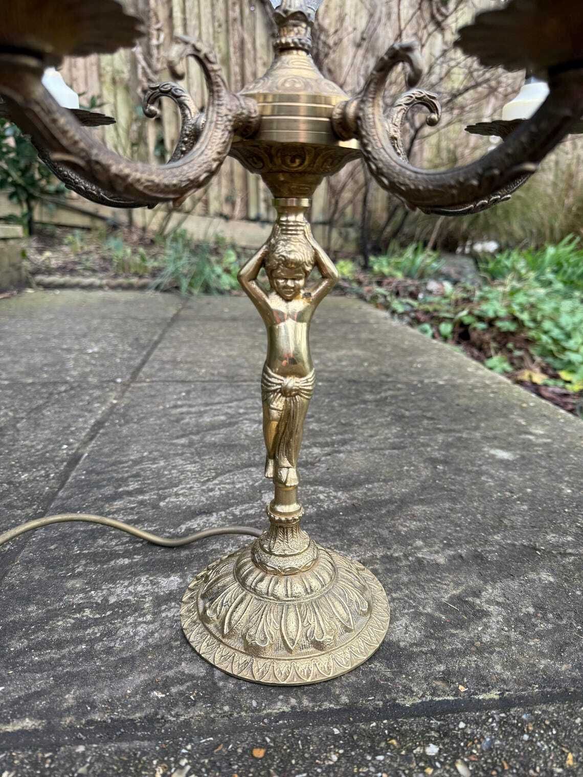 Unusual Retro Candelabra In Brass Metal With Six Bulb Holders And A Cherub Ornamental Stem   Pat Tested  Vgc photo furniture
