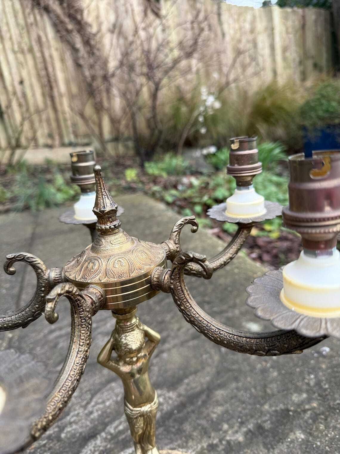 photo for sale Unusual Retro Candelabra In Brass Metal With Six Bulb Holders And A Cherub Ornamental Stem   Pat Tested  Vgc