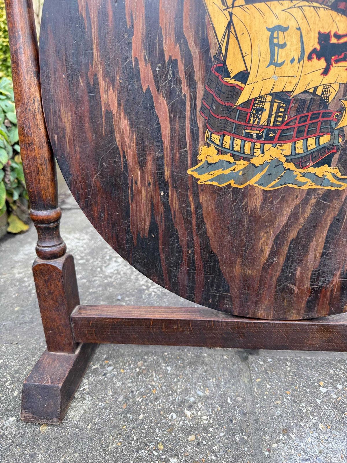 Mid Century Wooden Frame, Painted Galleon Fire Screen   Small Wooden Firescreen, Fire Guard 1900s photo vinterior