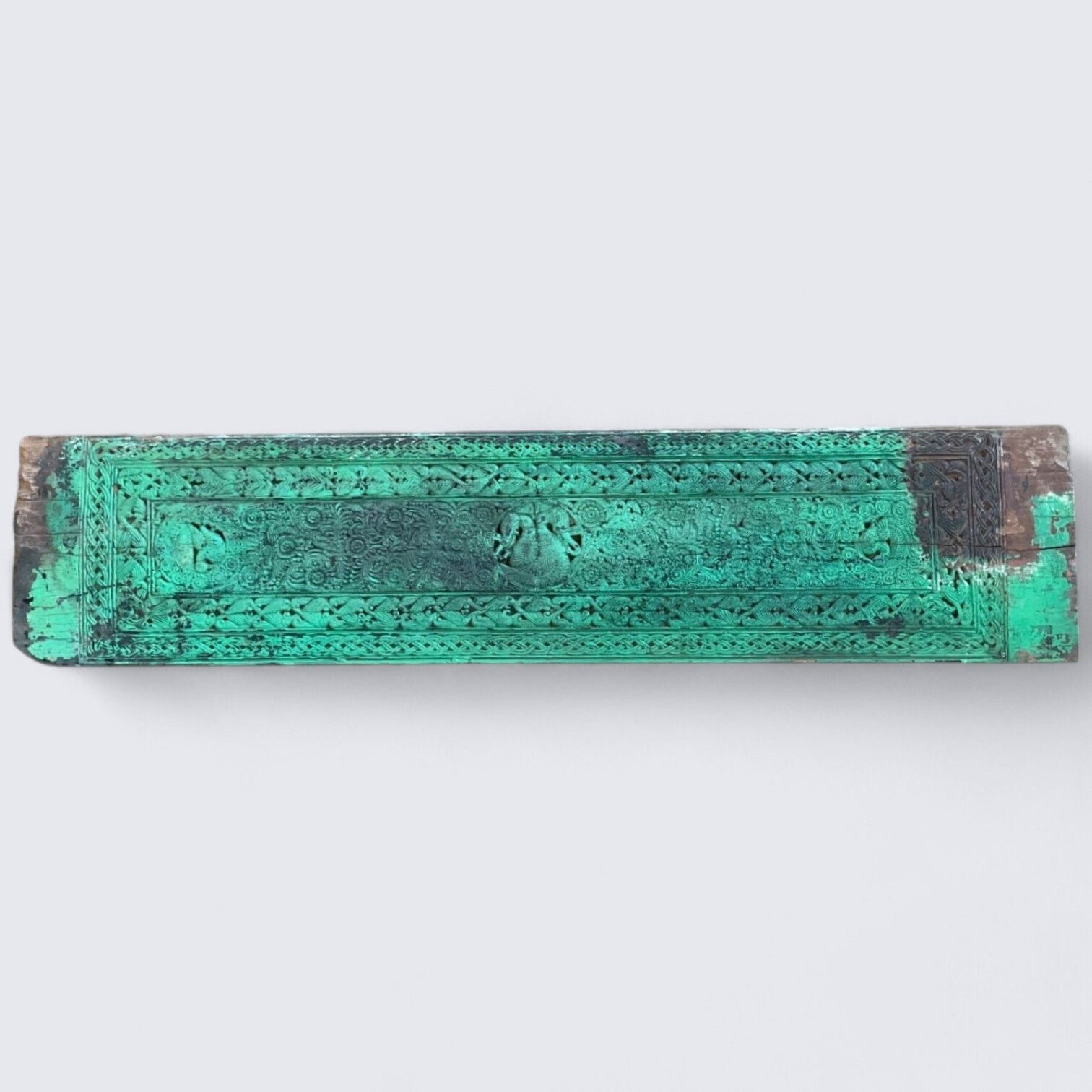 Antique 1930s Indian Hand Carved Teakwood Wall Decor – Tribal Art With Weathered Green Patina