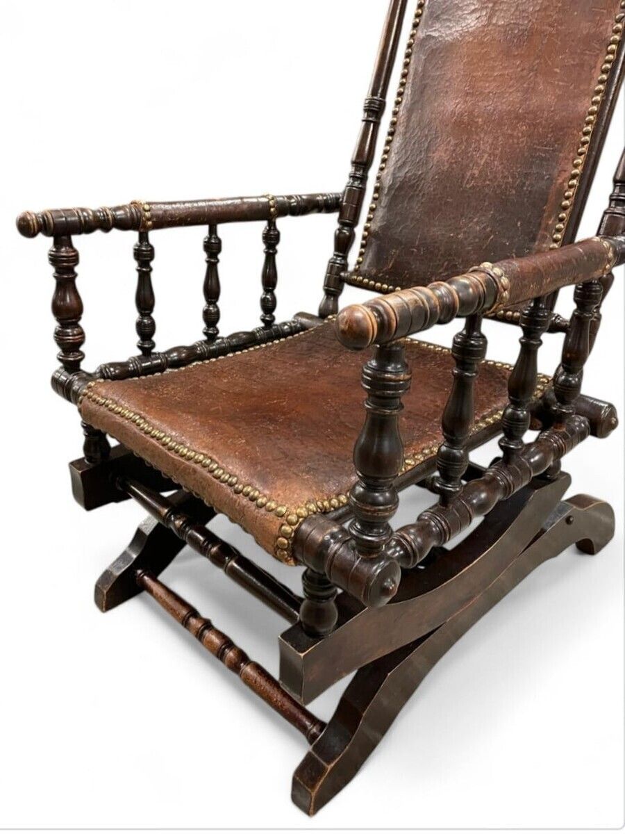 Rocking Chair, Patinated Wood And Leather, English Work, Late 19th Century photo for sale