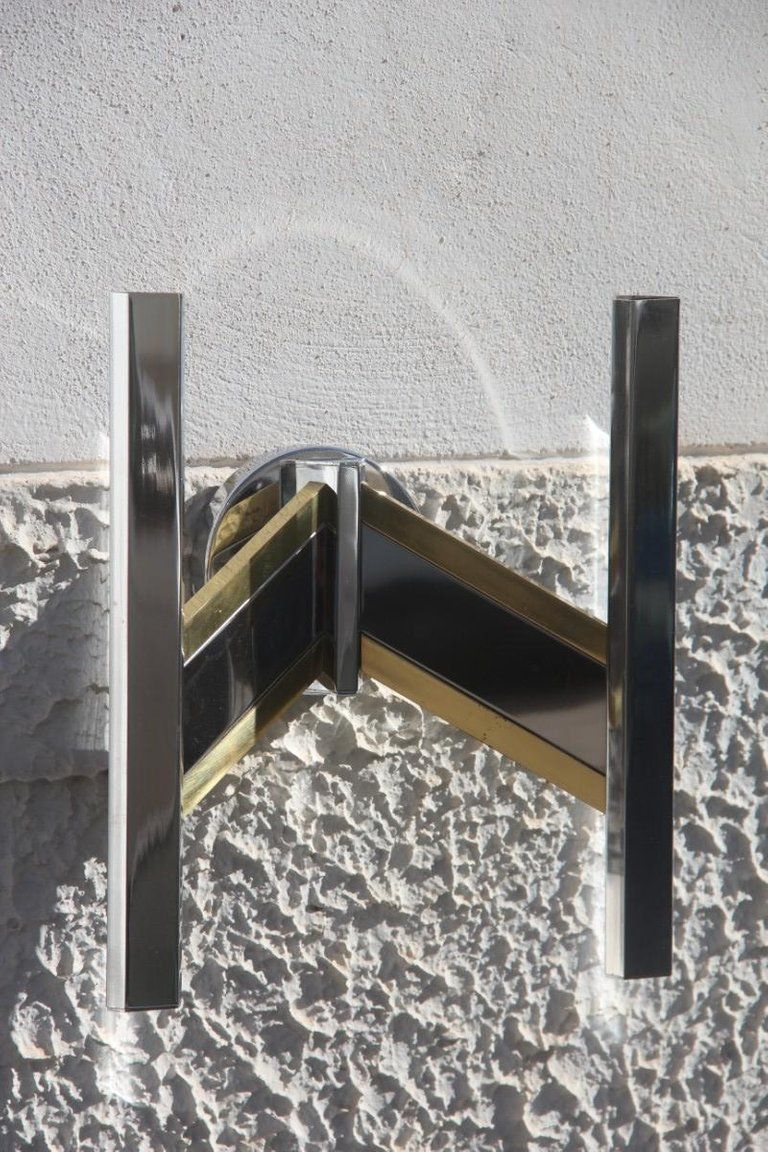 photo furniture Geometric Pair Of Sconces Metal Chrome Brass Sciolari Italian Design, 1970s
