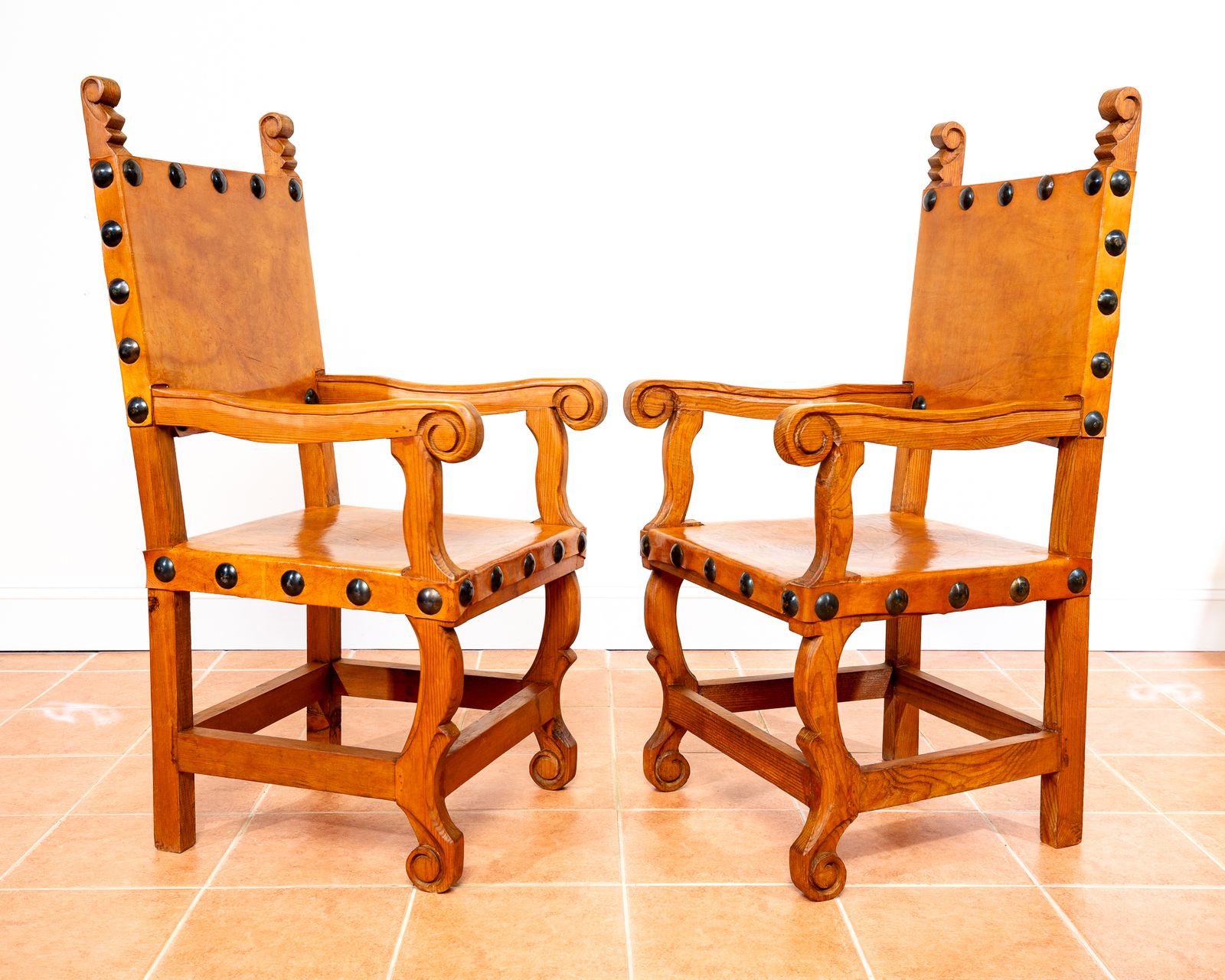 Pair Of Large Tan Leather Throne Chairs Spanish Colonial Baroque Style Mexican Studded Vintage Pine Hall Marriage Wedding Carver Dining Armchairs photo vintage
