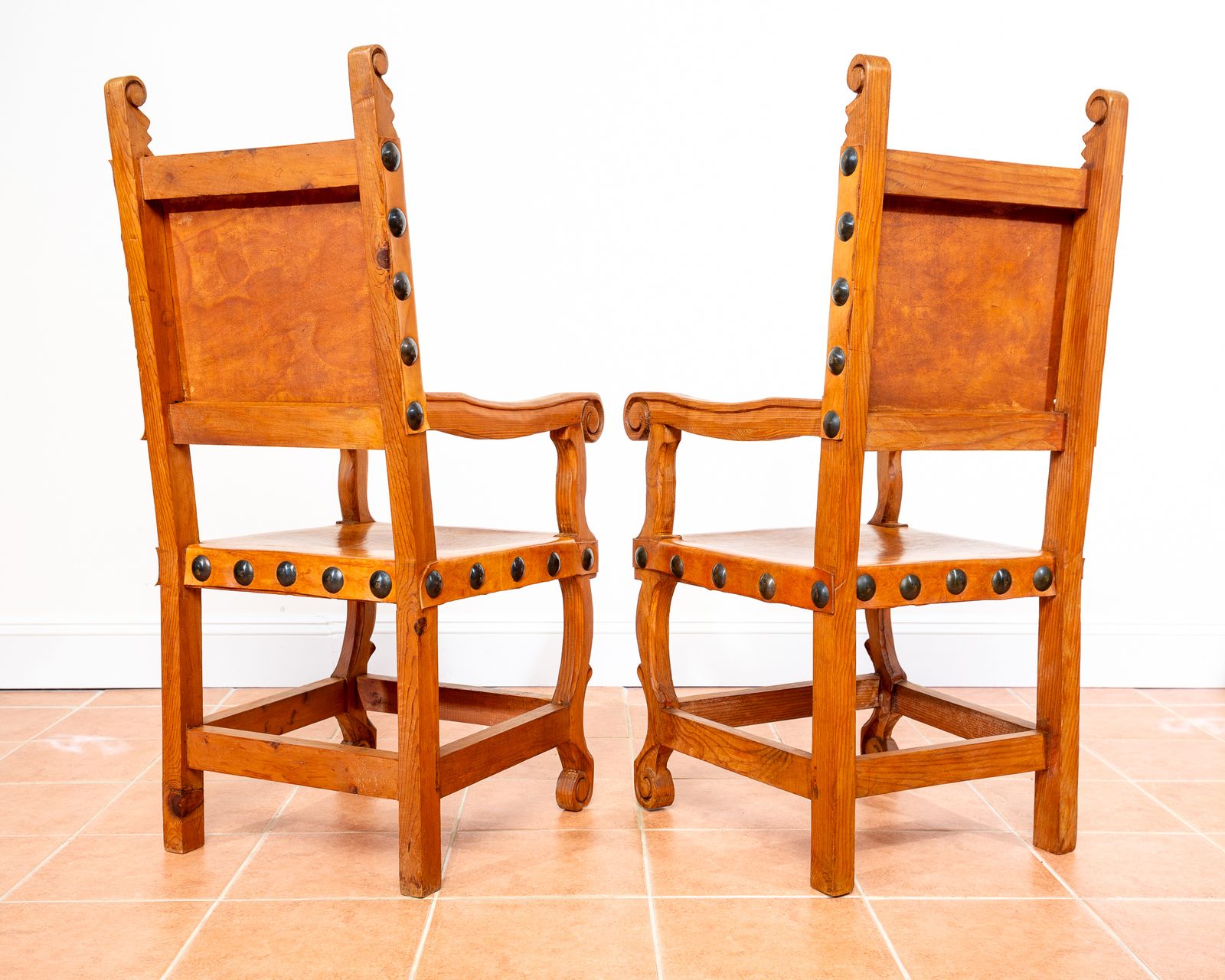 photo for sale Pair Of Large Tan Leather Throne Chairs Spanish Colonial Baroque Style Mexican Studded Vintage Pine Hall Marriage Wedding Carver Dining Armchairs