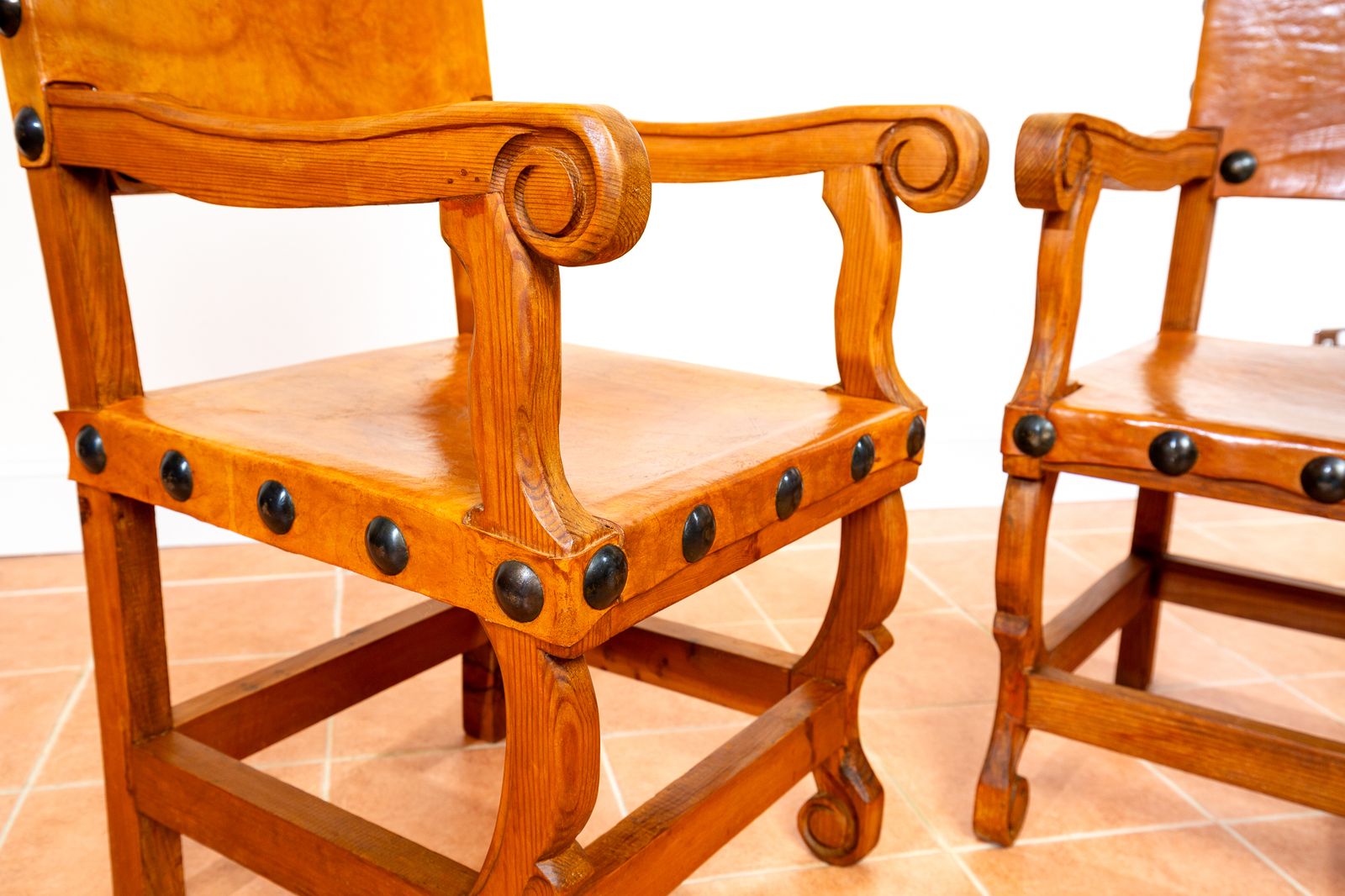 Pair Of Large Tan Leather Throne Chairs Spanish Colonial Baroque Style Mexican Studded Vintage Pine Hall Marriage Wedding Carver Dining Armchairs photo Furniture