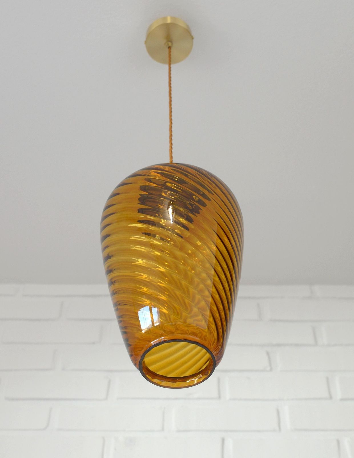 Vintage Pendant Lamp / Swirl Ceiling Light / Hanging Lamp / Amber Glass / Light Fixture / Hand Blown Glass / One Of A Kind / Lighting photo vinterior