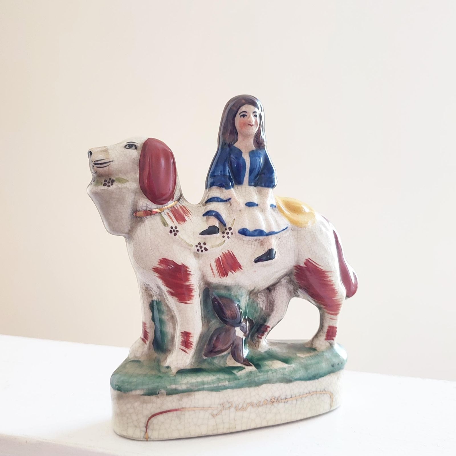 19th Century Antique Figure Of Princess On Spaniel   Staffordshire Pottery   Girl Sat On Large Dog   Classic Figurine   Shelf Mantle Display photo furniture