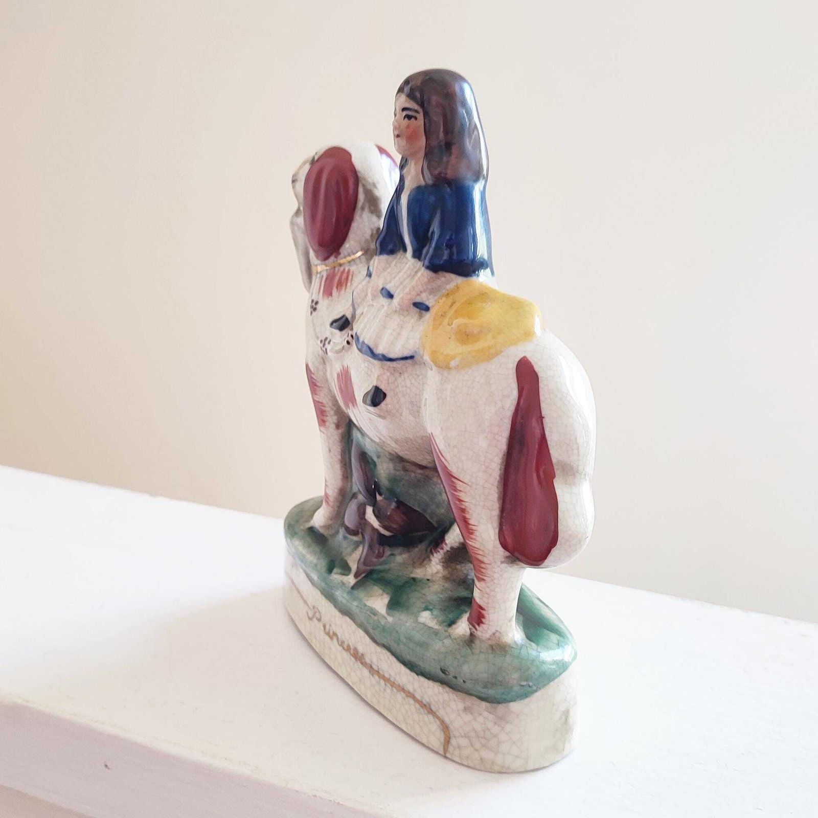 19th Century Antique Figure Of Princess On Spaniel   Staffordshire Pottery   Girl Sat On Large Dog   Classic Figurine   Shelf Mantle Display photo vintage