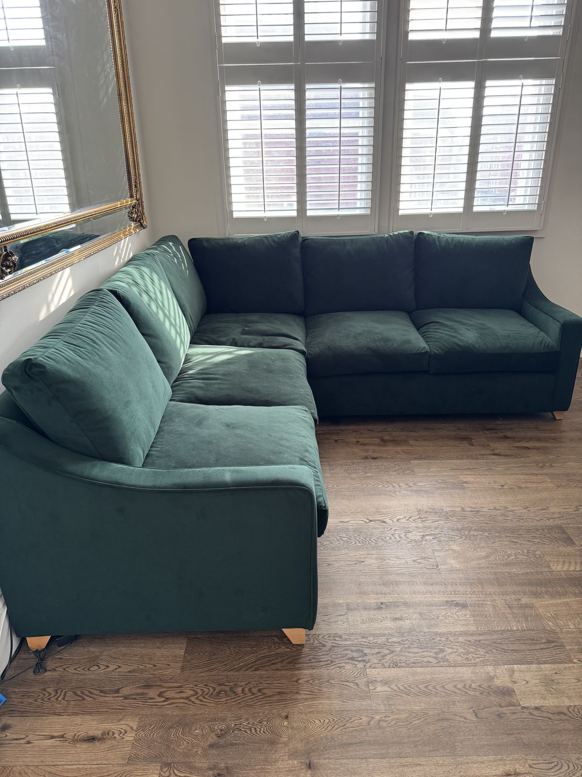 Willow And Hall 7 Seat Bisford Corner Sofa In Hunter Green Coloured Luxurious Velvet. Seat Cushions In Beautiful Soft Feather Wrapped Foam. photo Furniture