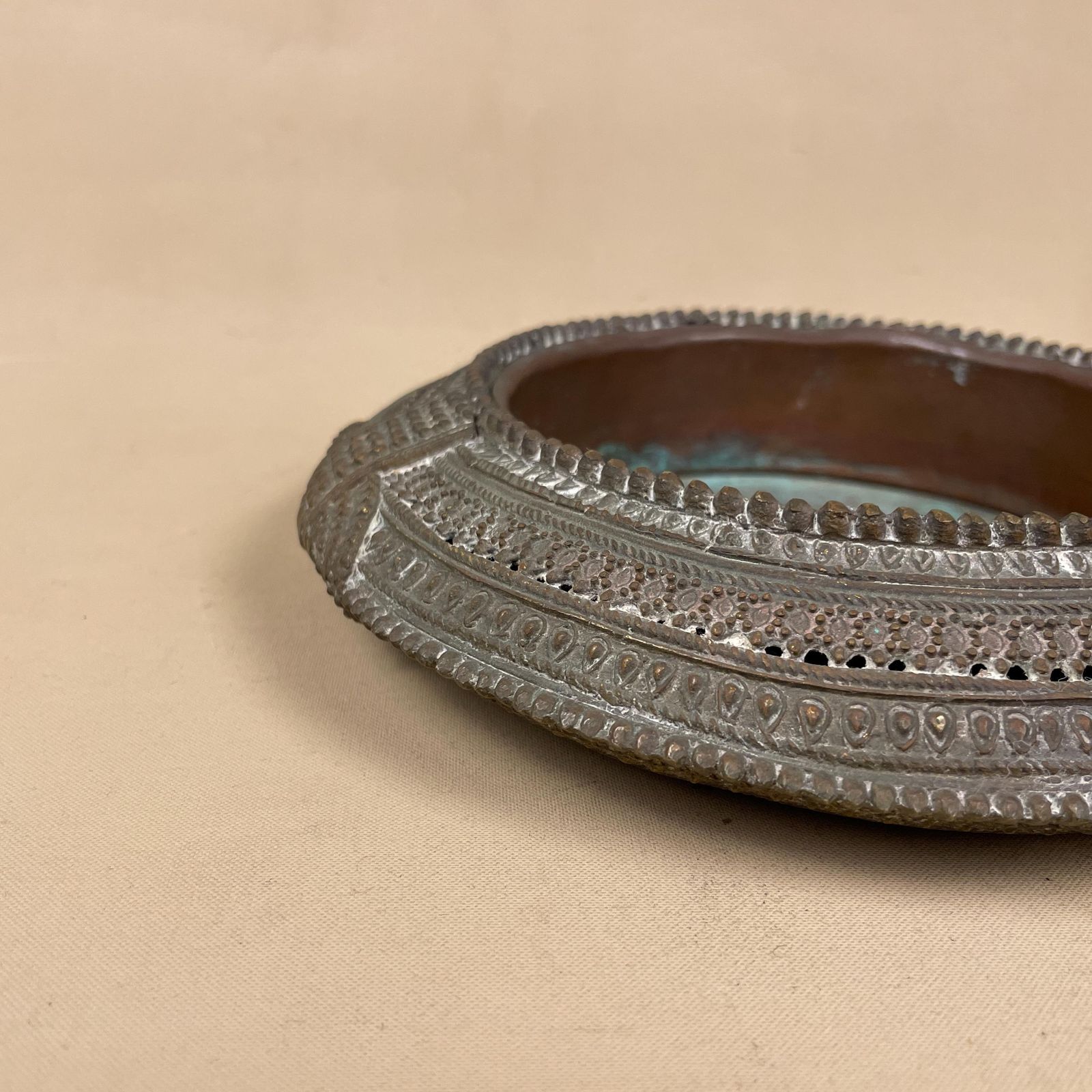 Antique Indian Copper Metal Candle Holder Tea Light Lantern India Dinner Candlestick Metal Work Pattern Handmade Traditional Flat Asian photo vinterior