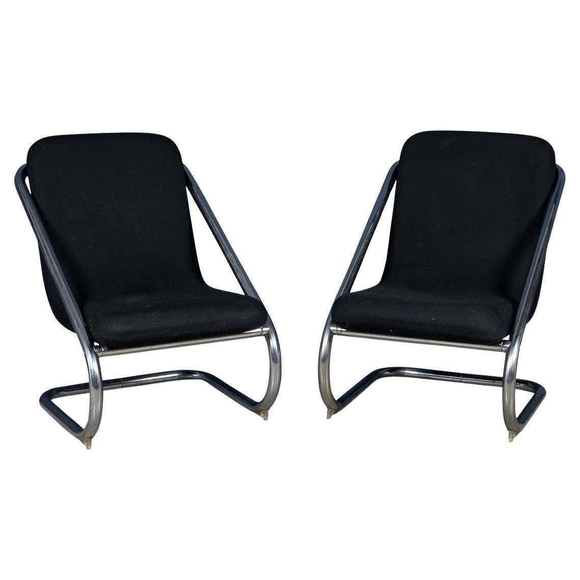 20th Century Italian Pair Of Tubular Framed Lounge Chairs C.1980