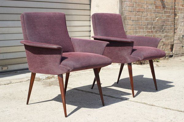 Mid Century Violet Velvet & Corduroy Armchairs, 1950s, Set Of 2 photo Furniture