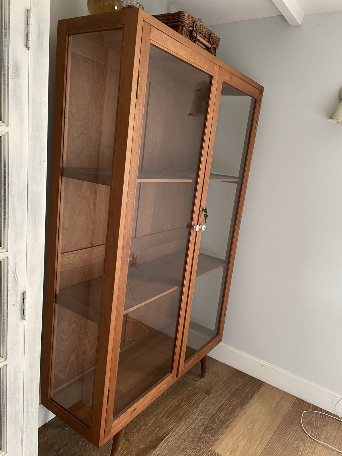 1960s Teak Glass Cabinet With Brass Capped Feet photo furniture