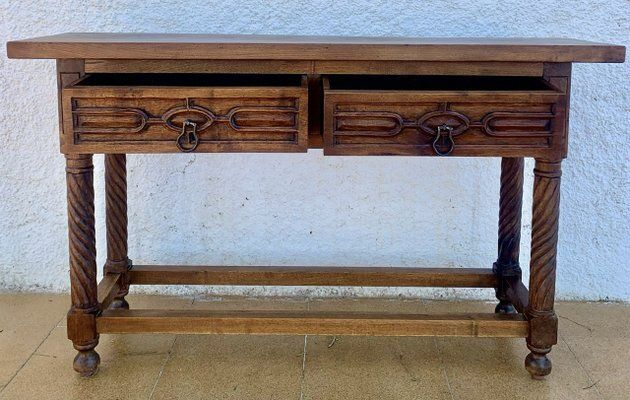 Furniture Vintage Carved Walnut Console Table With Solomonic Legs And Two Drawers, 1940s photo