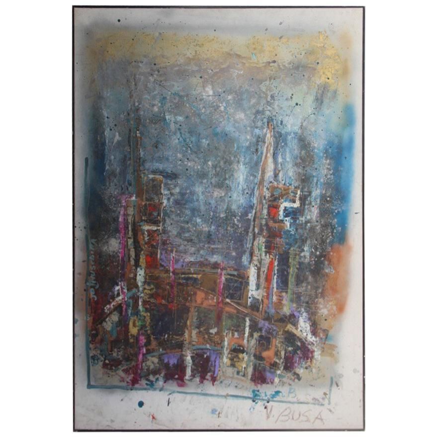 Big Oil On Canvas From The 1960s, Signed V, Busa Abstract Colored Italian Design