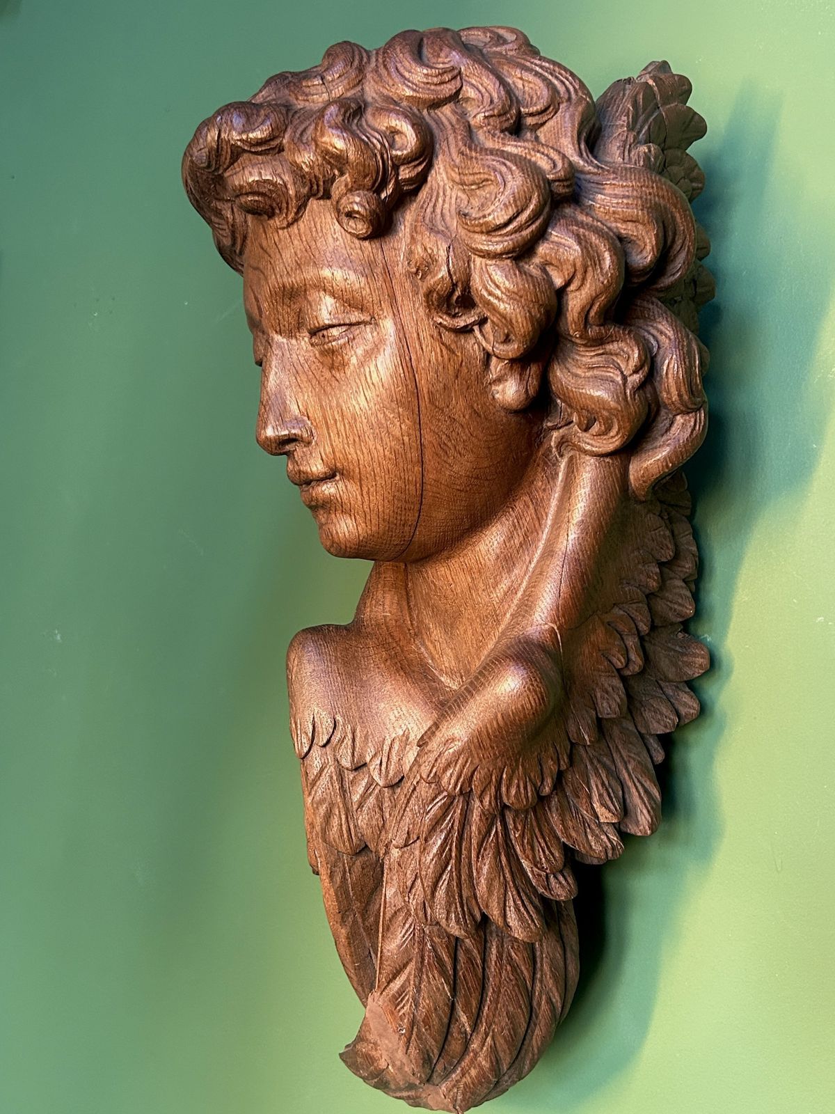 19th Century Life Size Carved Oak Religious Sculpture Of Angel Head With Wings