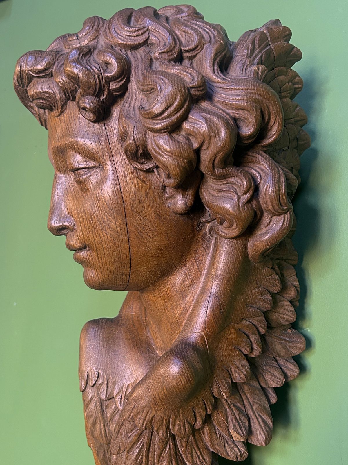 19th Century Life Size Carved Oak Religious Sculpture Of Angel Head With Wings photo furniture