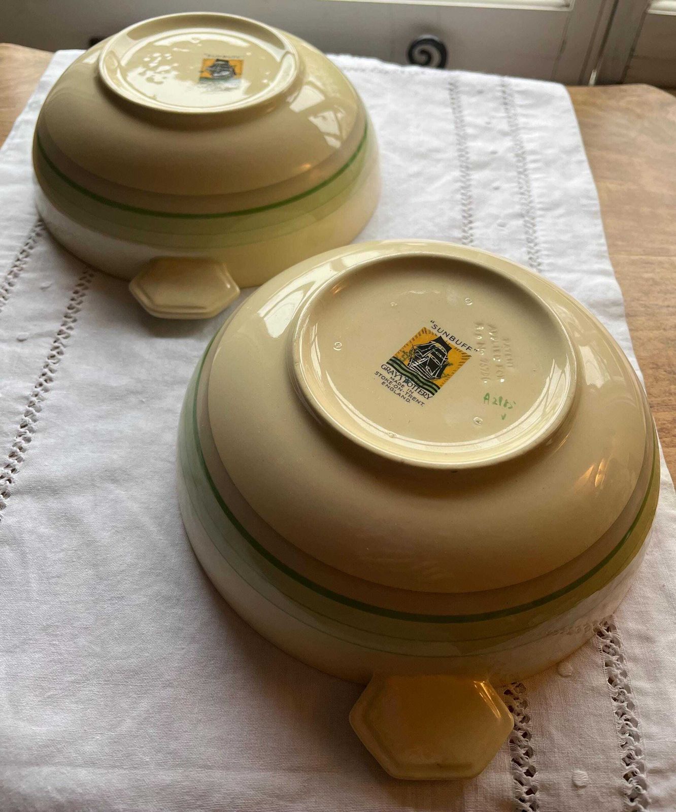 A Pair Of Art Deco 'Sunbuff' 1930s Ceramic Handled Serving Bowls By Gray's Pottery In Delicate Shades Of Green And Cream Available Singly photo Home Decor