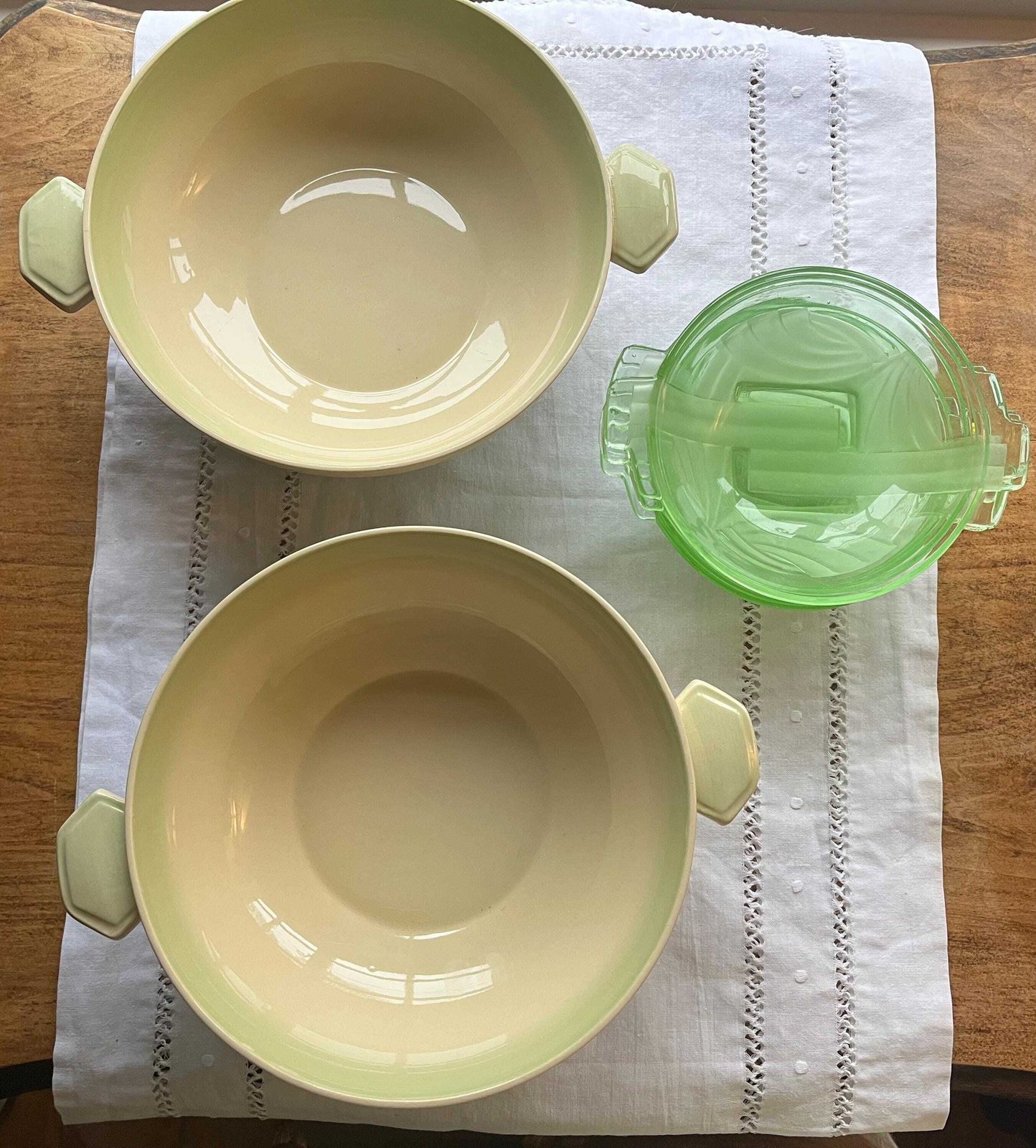 A Pair Of Art Deco 'Sunbuff' 1930s Ceramic Handled Serving Bowls By Gray's Pottery In Delicate Shades Of Green And Cream Available Singly photo vintage