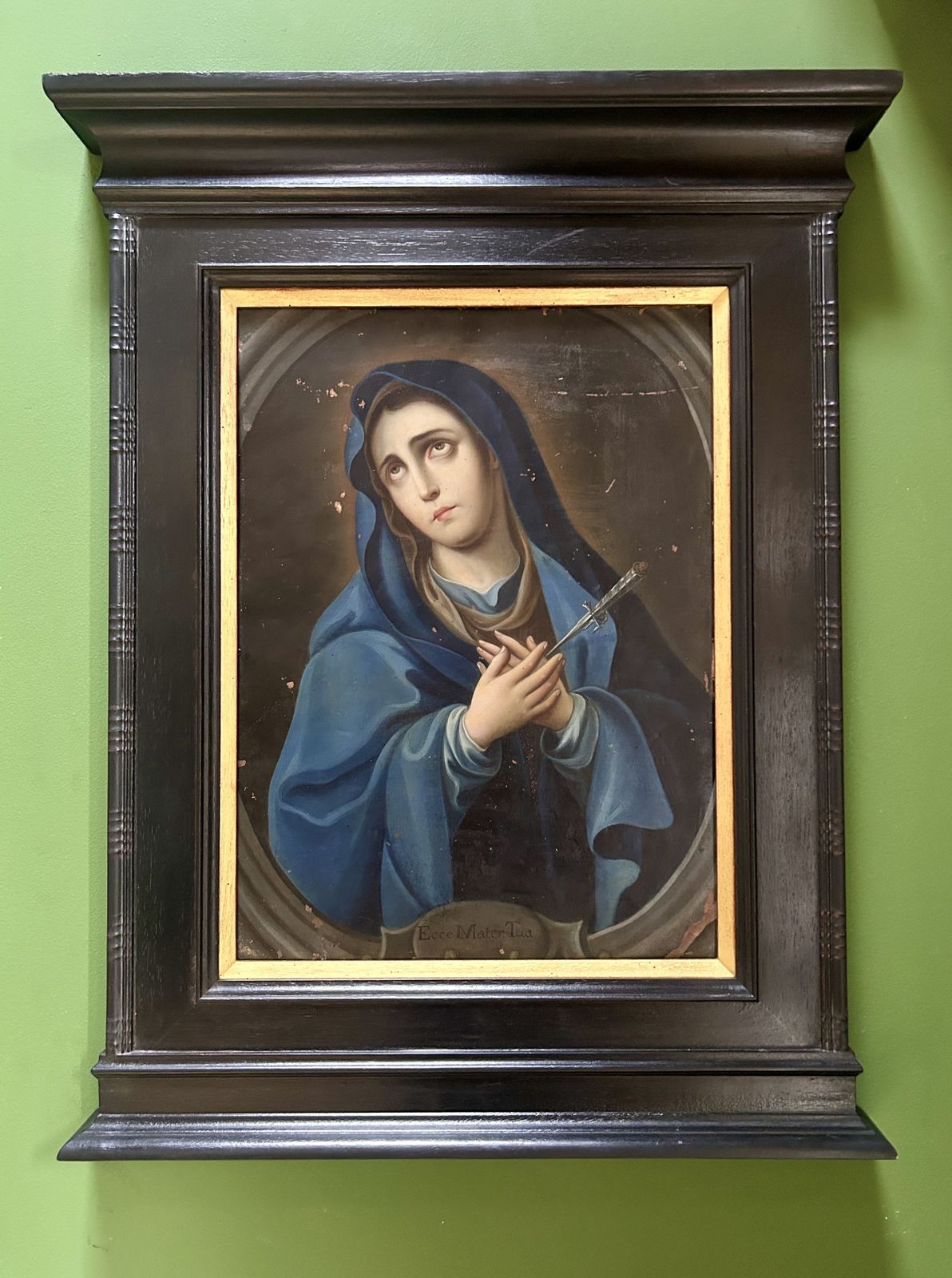 18th Century Spanish Colonial Mater Dolorosa (Our Lady Of Sorrows) Oil Painting On Copper photo furniture