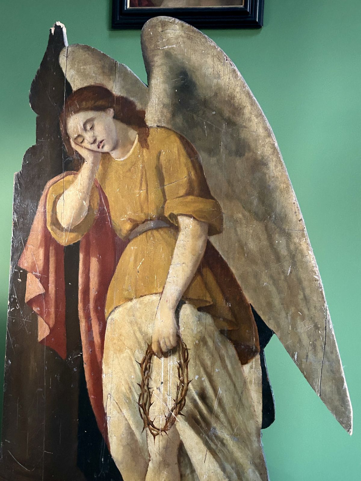 19th Century Life Size Oil Painting On Carved Wooden Panel Of A Mourning Angel & Crown Of Thorns photo furniture