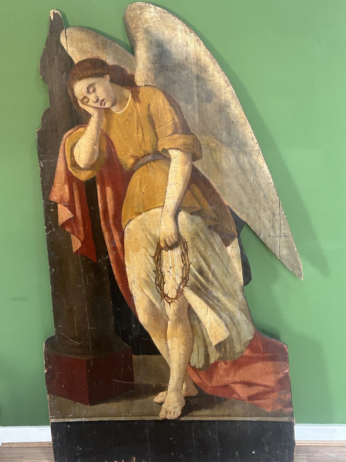 19th Century Life Size Oil Painting On Carved Wooden Panel Of A Mourning Angel & Crown Of Thorns photo buy