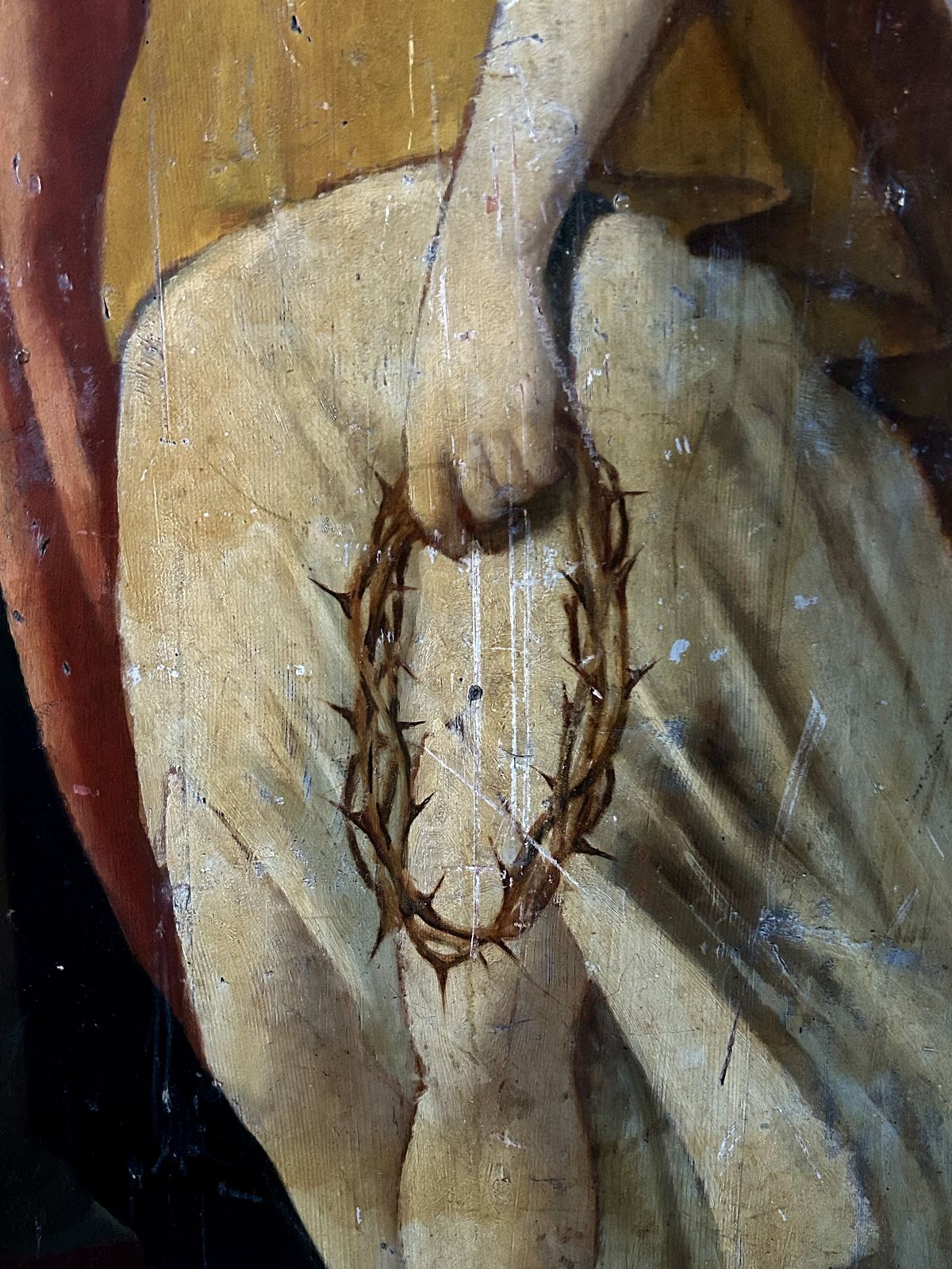 photo furniture 19th Century Life Size Oil Painting On Carved Wooden Panel Of A Mourning Angel & Crown Of Thorns