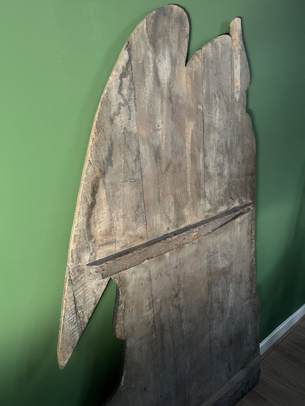 1775.0 19th Century Life Size Oil Painting On Carved Wooden Panel Of A Mourning Angel & Crown Of Thorns photo