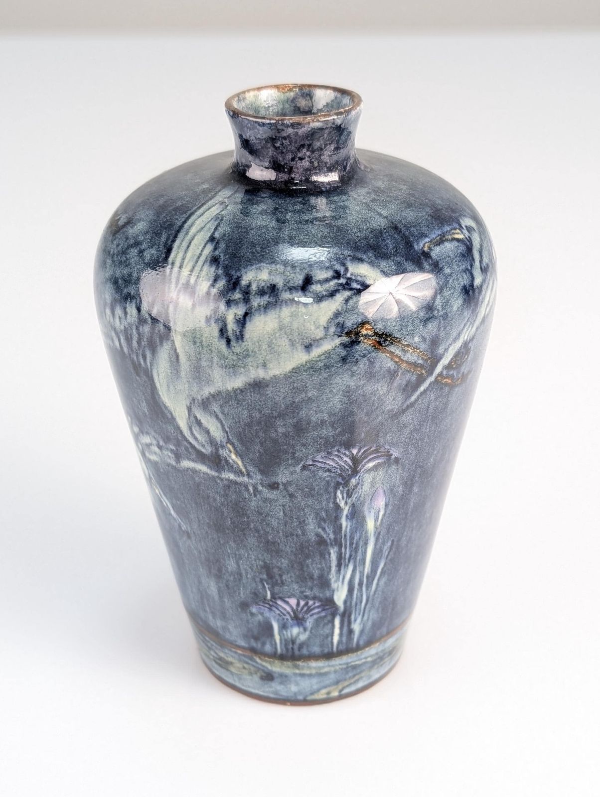 photo for sale Art Nouveau Vase With Herons And Flowers On The Lake By J.W. Mijnlieff, Fayence Holland Utrecht 1900s