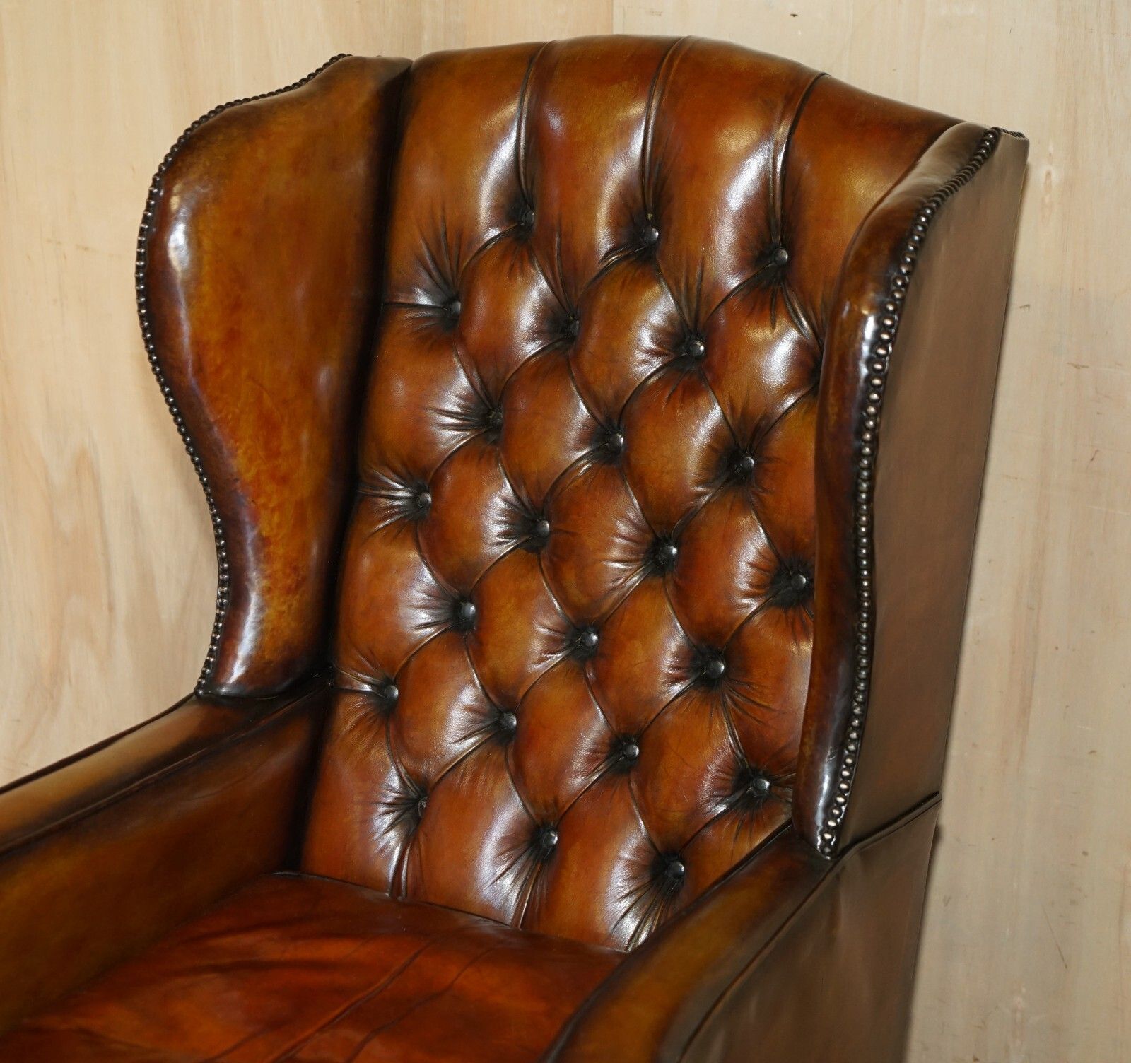 Pair Of William Morris Chesterfield Tufted Wingback Brown Leather Armchairs photo Furniture