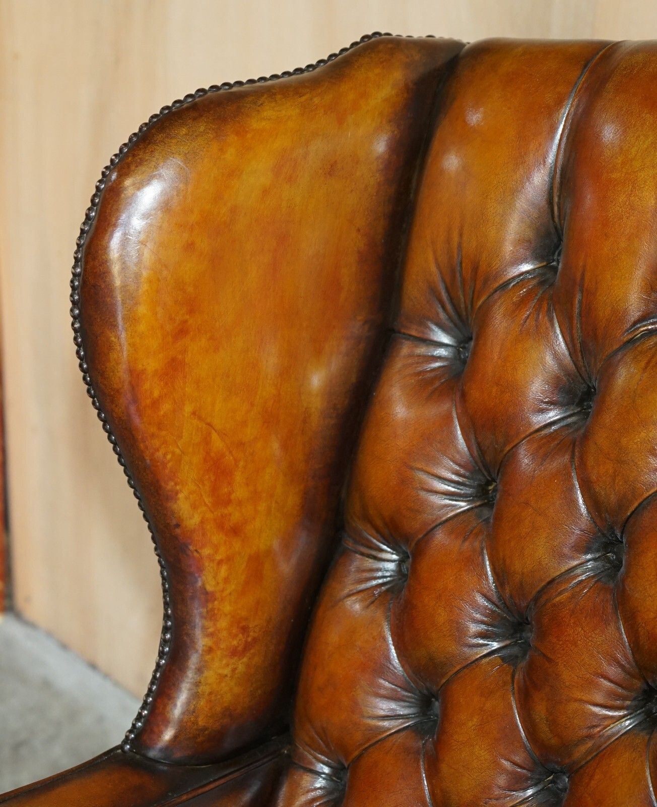 Pair Of William Morris Chesterfield Tufted Wingback Brown Leather Armchairs photo vinterior