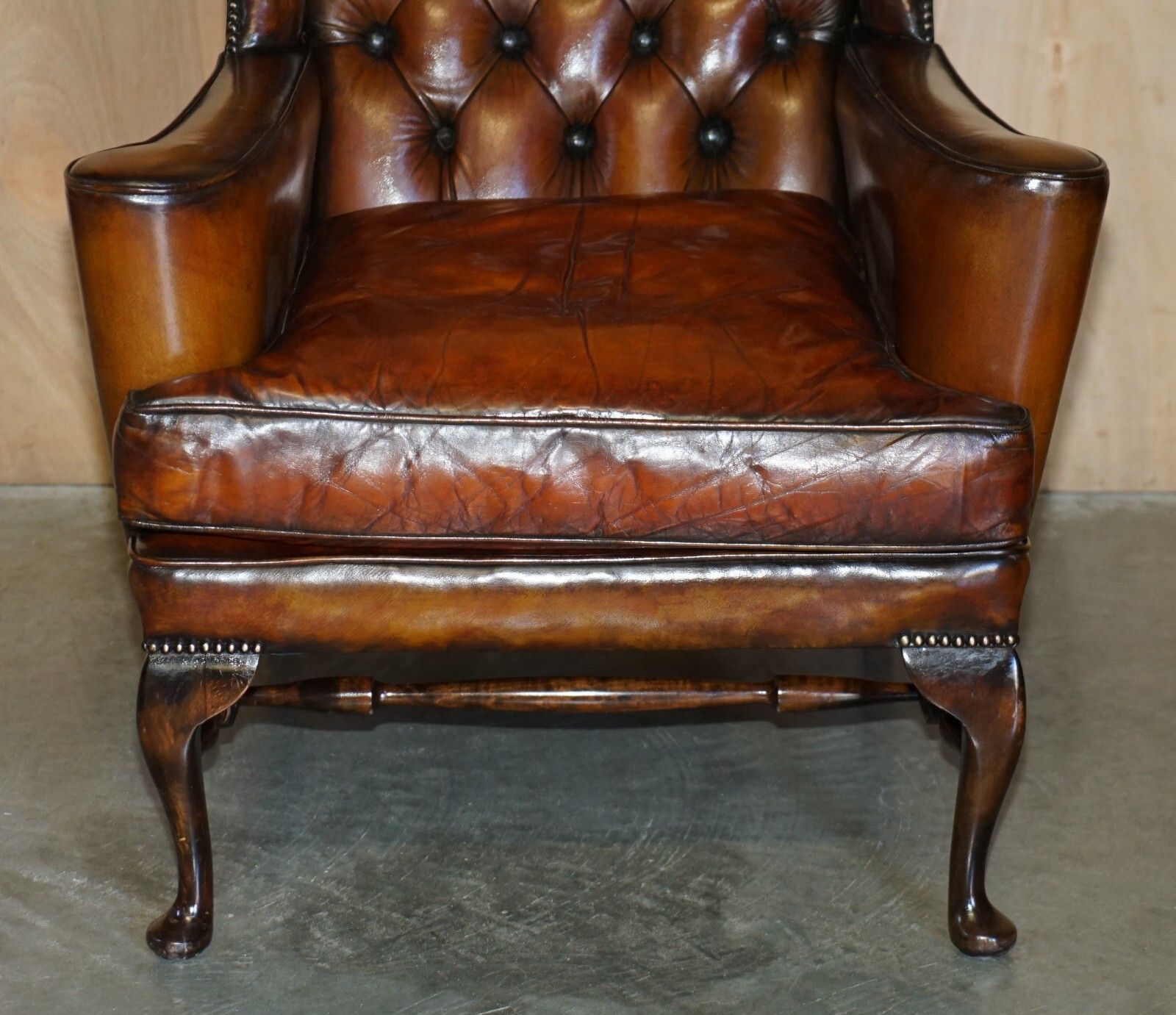 photo furniture Pair Of William Morris Chesterfield Tufted Wingback Brown Leather Armchairs