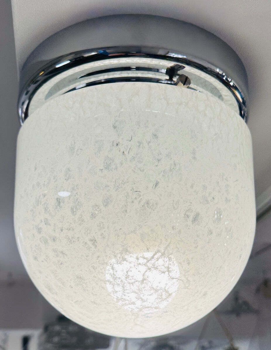 1970s German Peill & Putzler Mottled White Domed Glass & Polished Chrome Domed Flush Mount Ceiling Light photo furniture