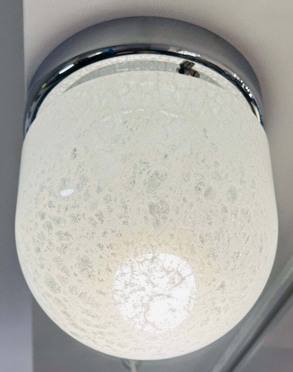 1970s German Peill & Putzler Mottled White Domed Glass & Polished Chrome Domed Flush Mount Ceiling Light photo for sale