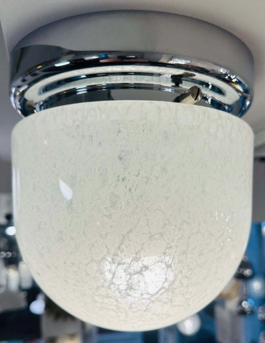 1970s German Peill & Putzler Mottled White Domed Glass & Polished Chrome Domed Flush Mount Ceiling Light photo Lighting