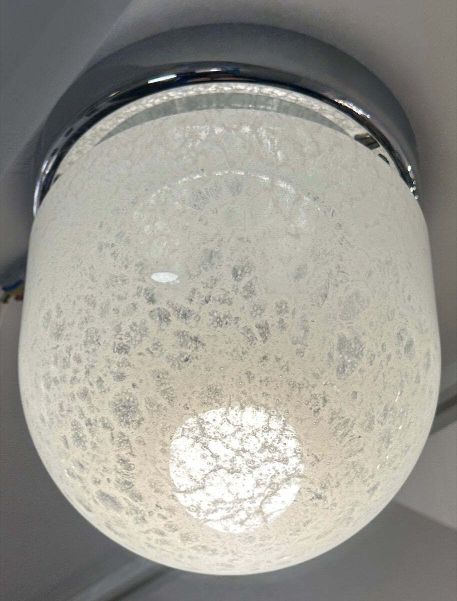 1970s German Peill & Putzler Mottled White Domed Glass & Polished Chrome Domed Flush Mount Ceiling Light photo buy