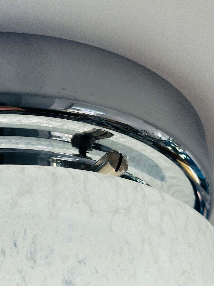 photo furniture 1970s German Peill & Putzler Mottled White Domed Glass & Polished Chrome Domed Flush Mount Ceiling Light