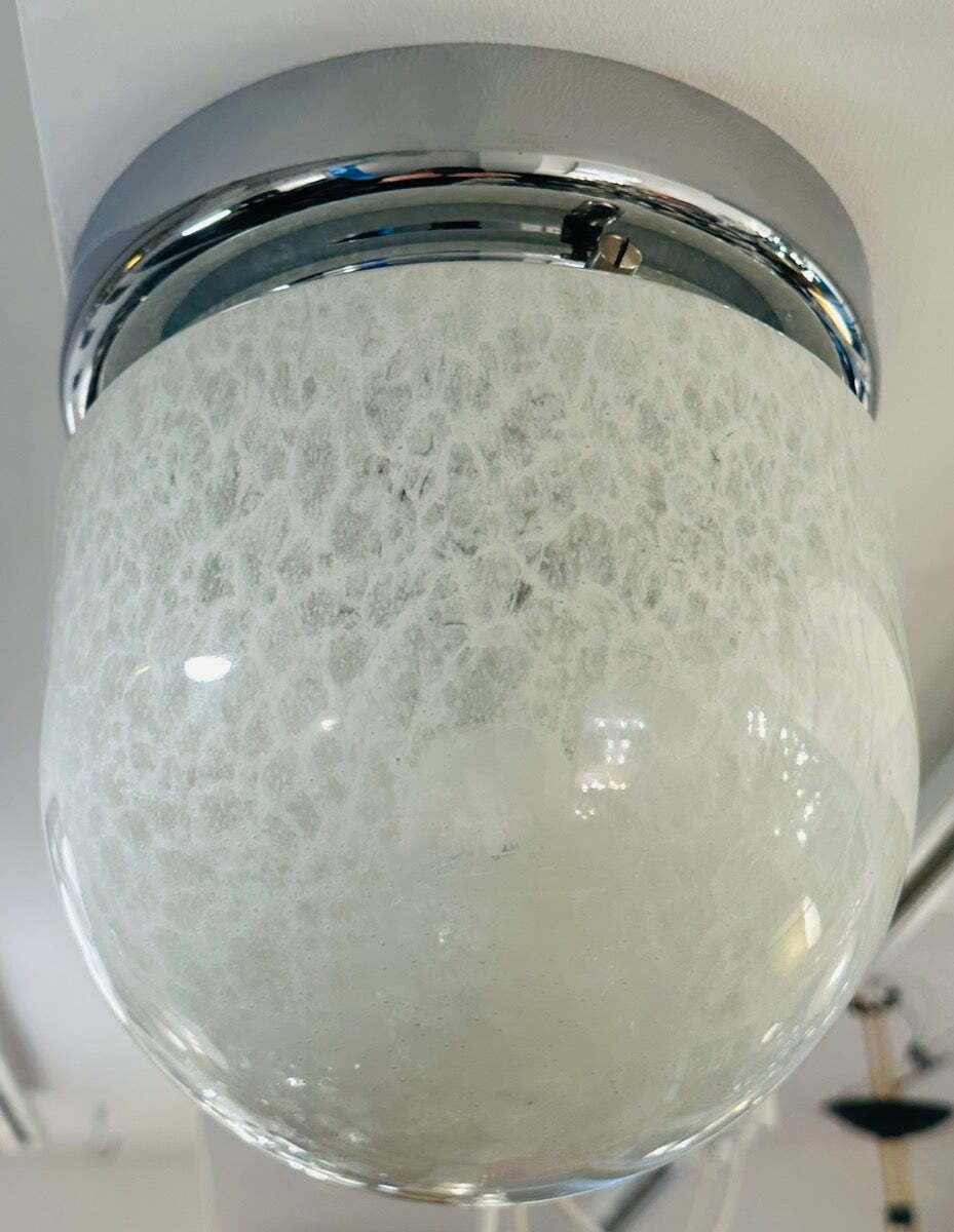 photo vintage 1970s German Peill & Putzler Mottled White Domed Glass & Polished Chrome Domed Flush Mount Ceiling Light