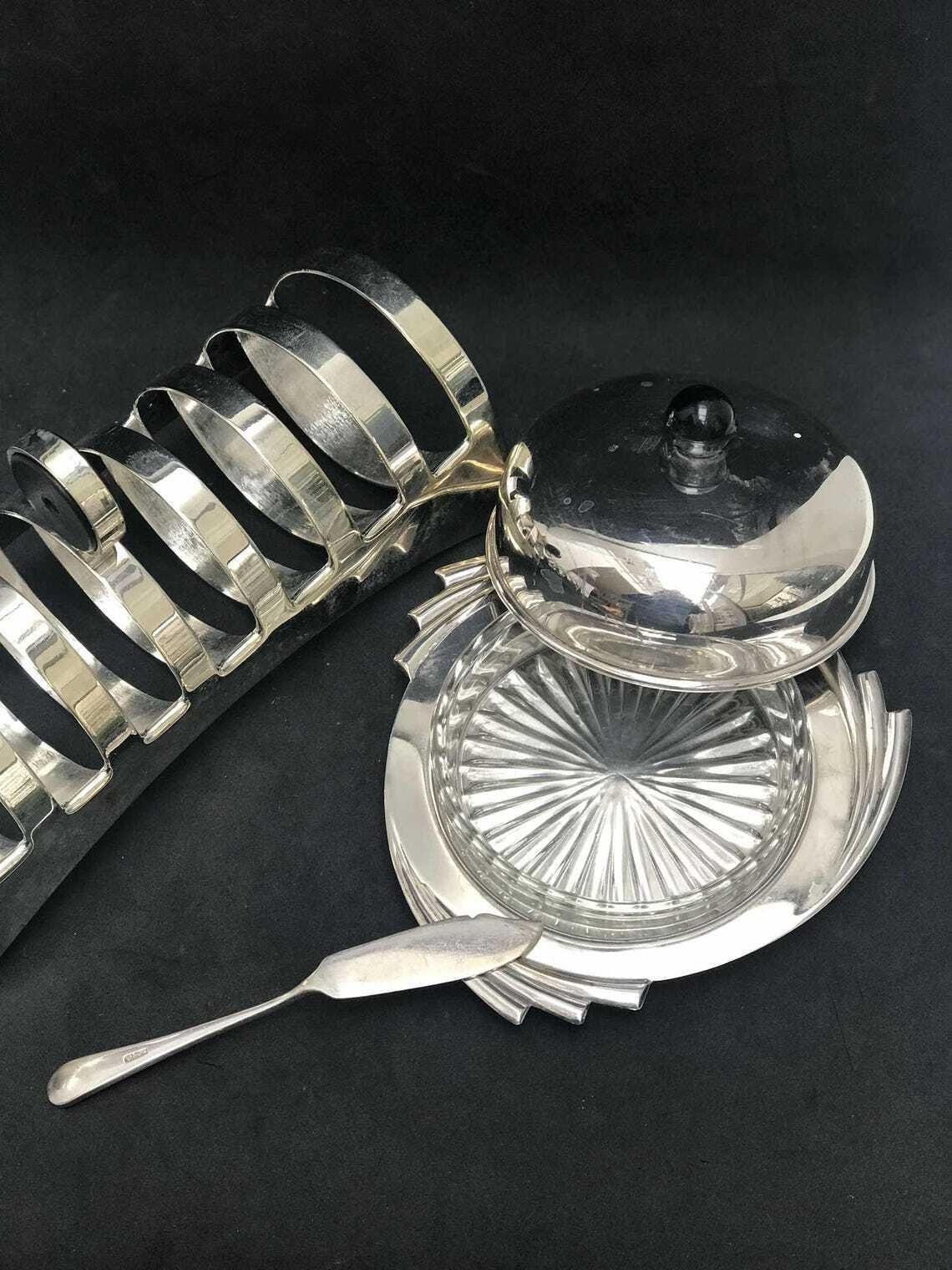 Butter Dish With Lid Toast Rack Holder 8 Slices Silver Plated Breakfast Set Wedding Gift Hostess Gift photo for sale