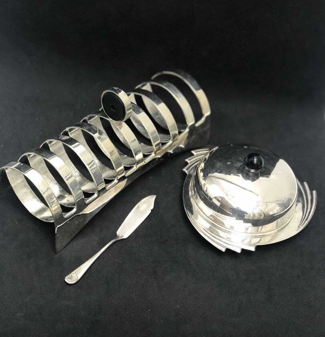 Butter Dish With Lid Toast Rack Holder 8 Slices Silver Plated Breakfast Set Wedding Gift Hostess Gift photo vinterior