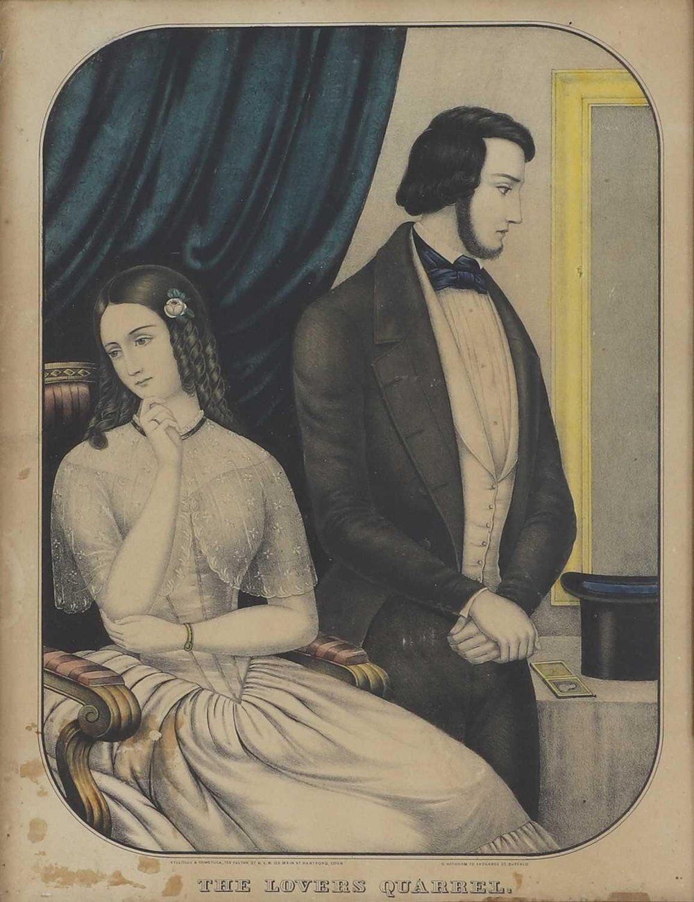 19th Century Antique Hand Coloured Framed Lithograph Of The Lovers Quarrel By Nathaniel Currier 1846 photo furniture