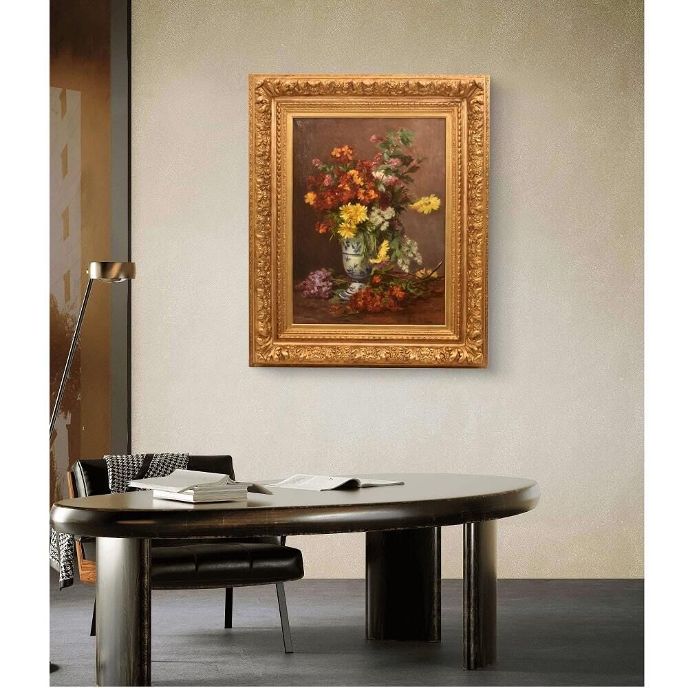 Antique Flower Painting, Daisies And Lilacs Flowers, Oil On Canvas, Late 19th Century. (Qf630) photo furniture