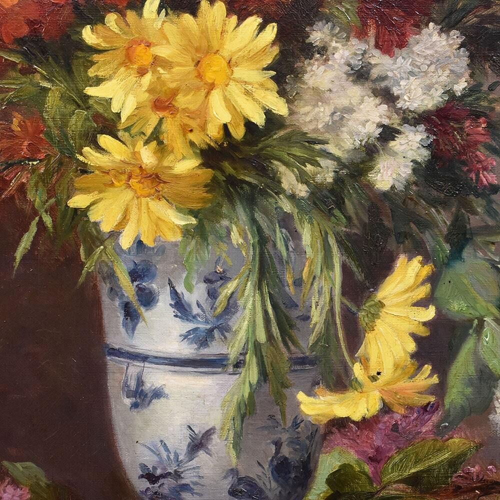 Antique Flower Painting, Daisies And Lilacs Flowers, Oil On Canvas, Late 19th Century. (Qf630) photo vintage
