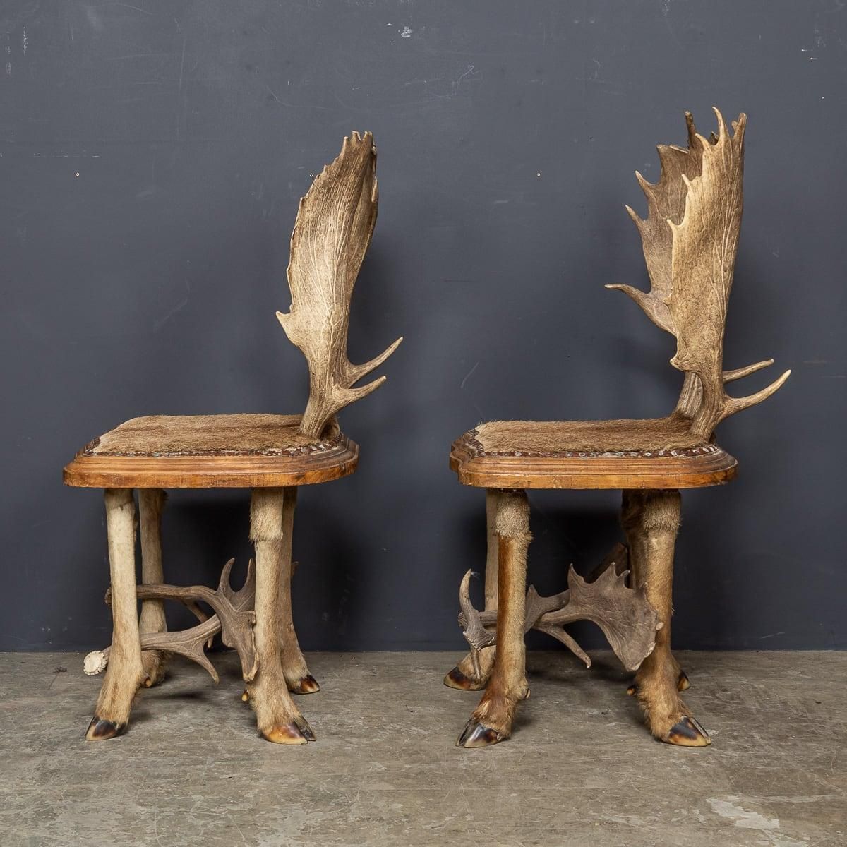 Antique 20th Century Austrian Pair Of Deer Antler Hall Chairs C.1900 photo Furniture