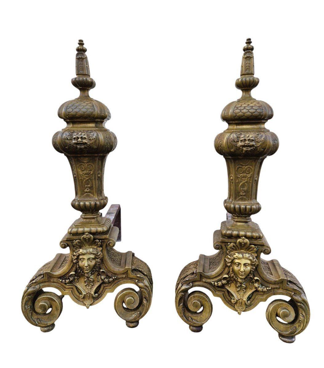 Pair Of Louis XIV Style Bronze And Iron Andirons, 19th Century