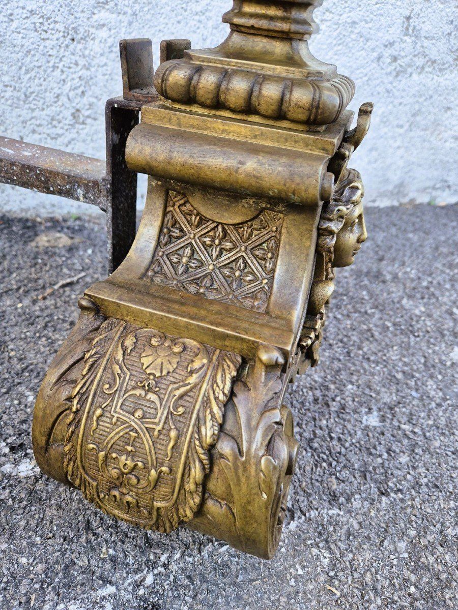 Pair Of Louis XIV Style Bronze And Iron Andirons, 19th Century photo buy