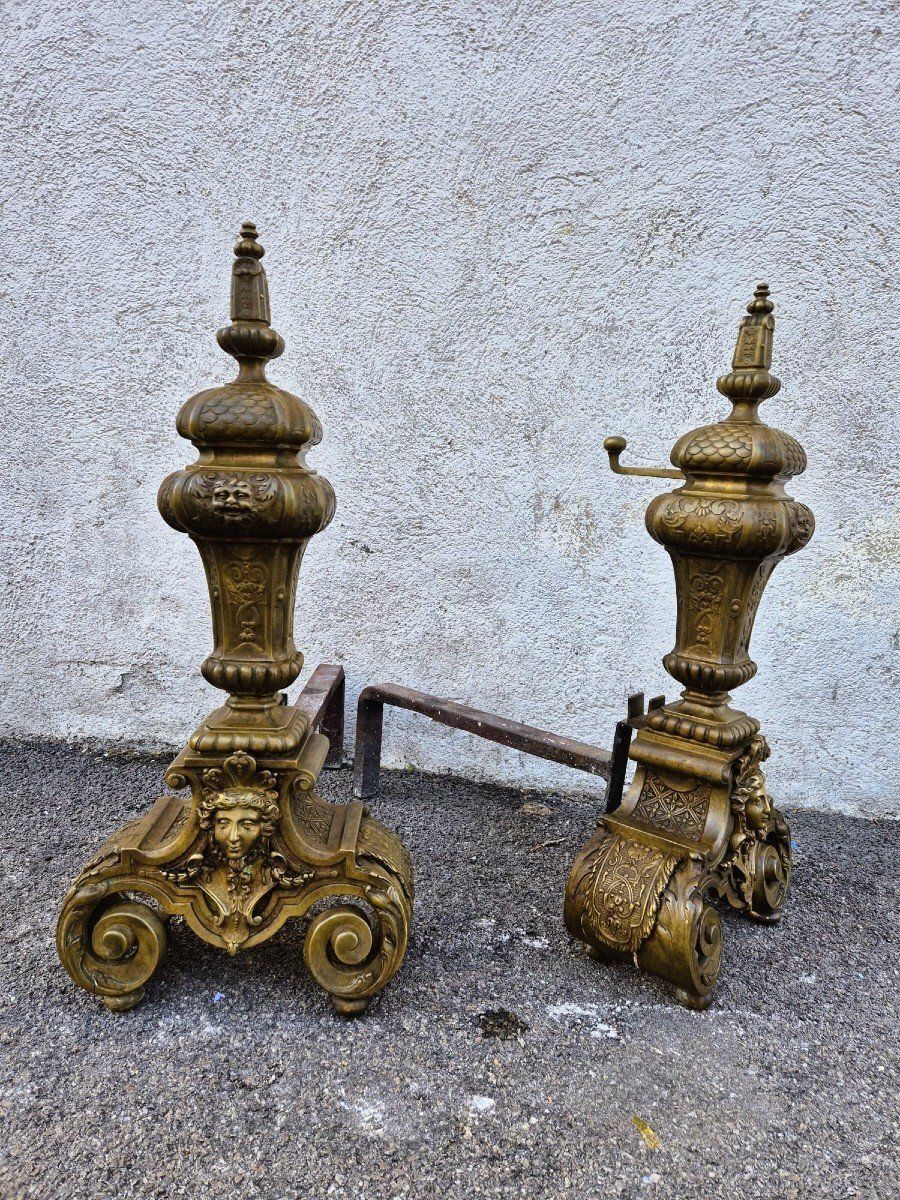 photo furniture Pair Of Louis XIV Style Bronze And Iron Andirons, 19th Century