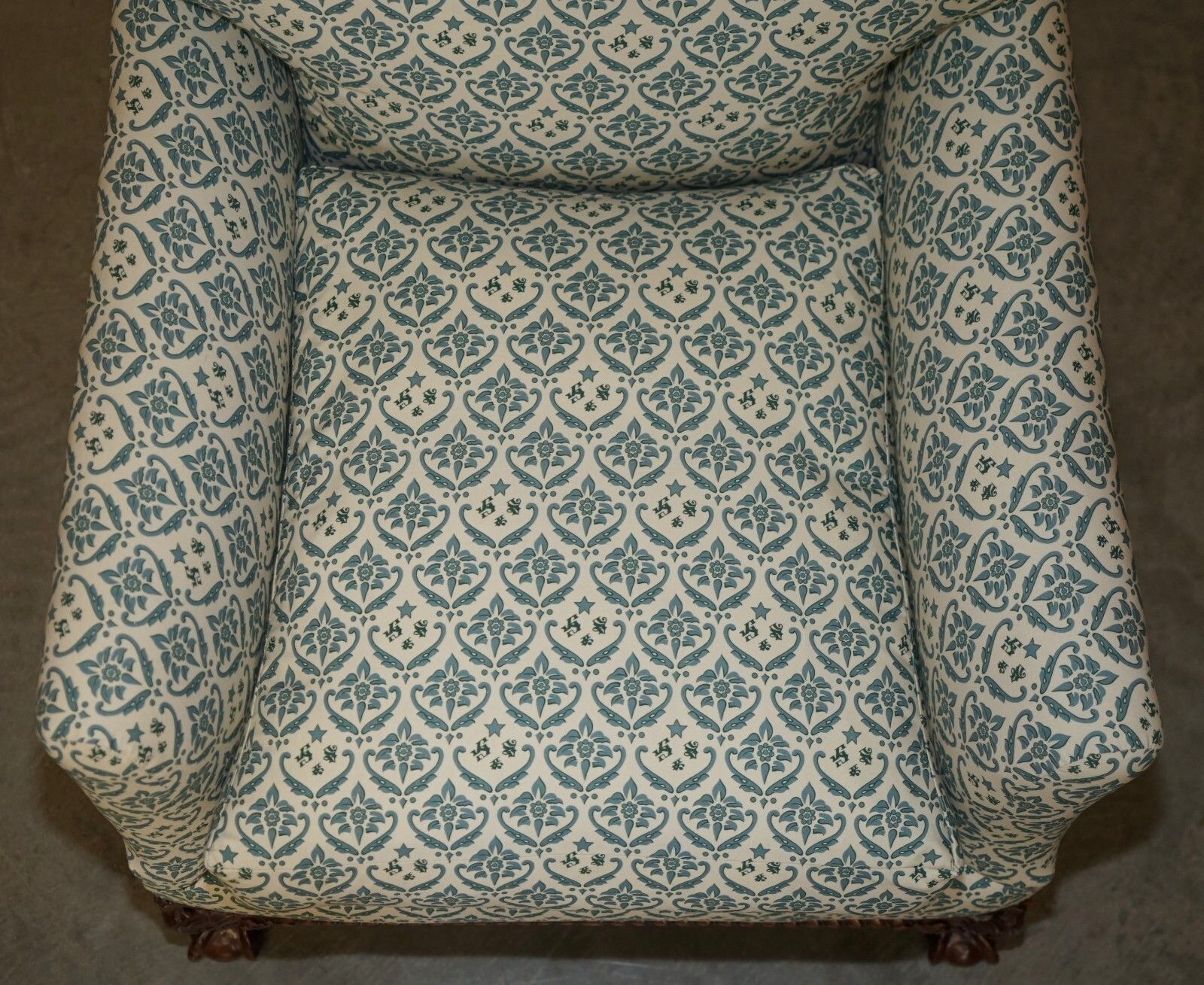 photo furniture Fully Restored Antique Howard & Son's Claw & Ball Feet Armchair Ticking Fabric