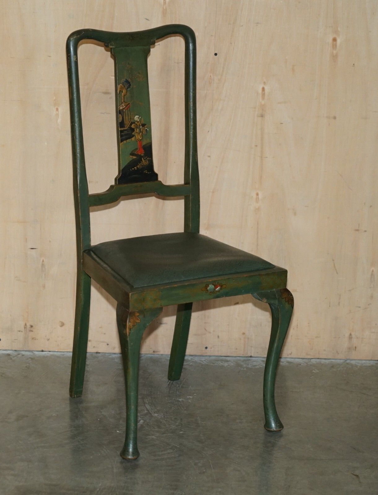 Pair Of Antique Painted Finish Chinese Export Chinoiserie Green Side Chairs photo for sale